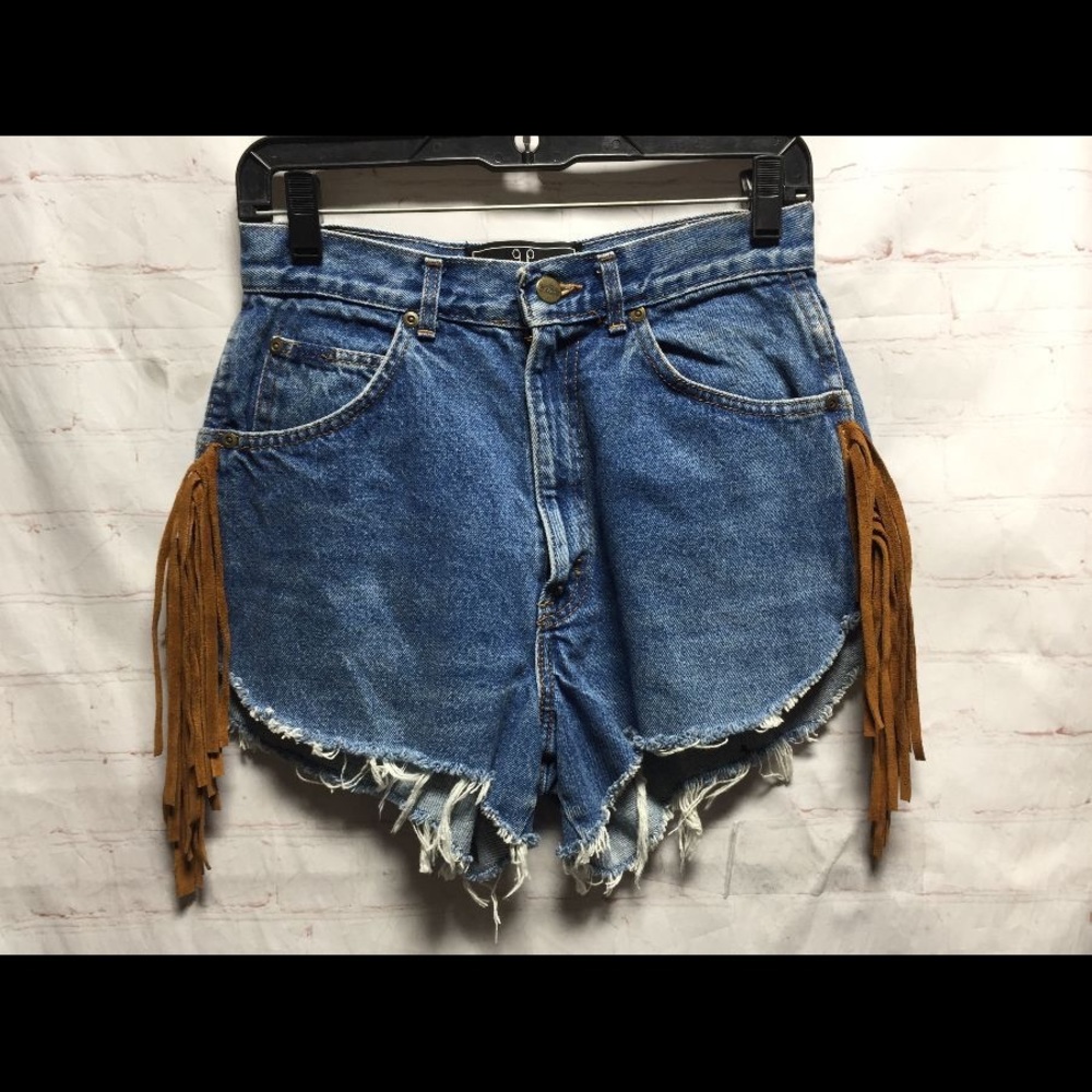 ISO Jean Shorts with brown leather fringe on outside seam